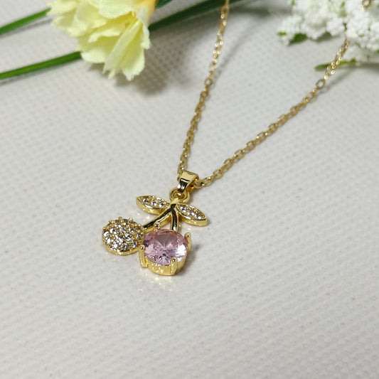 Gold Plated Pink Stone & Crystal Pendant Necklace