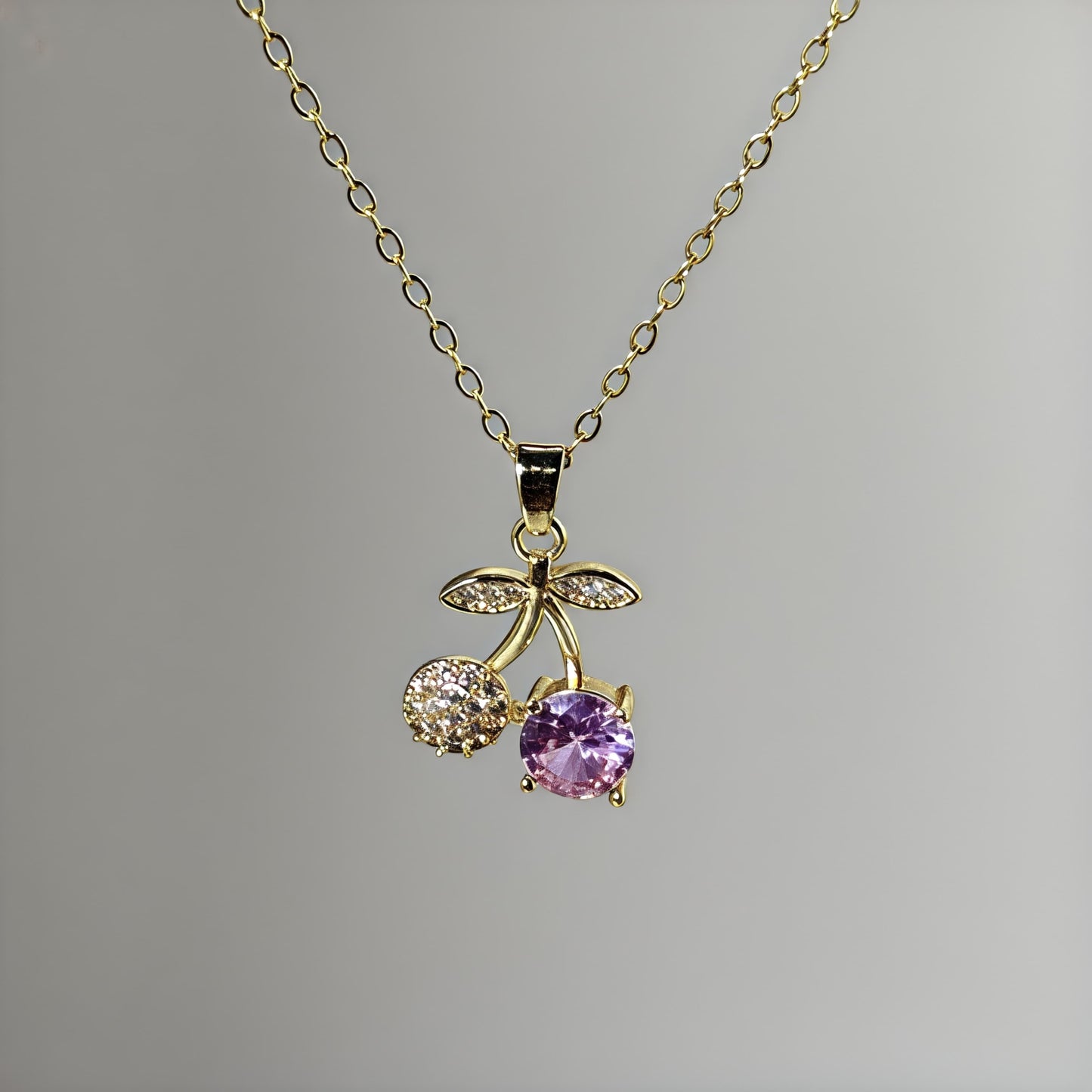 Gold Plated Pink Stone & Crystal Pendant Necklace