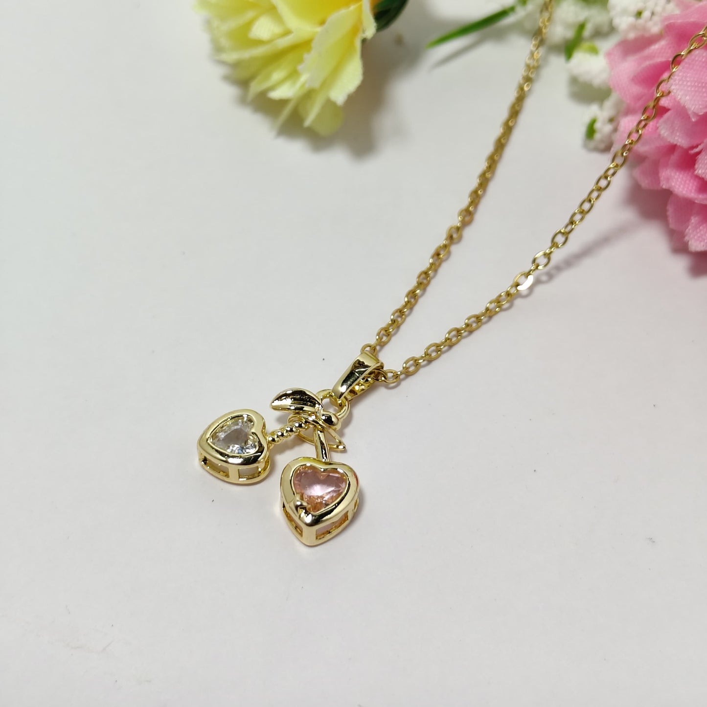 Dual Heart Pendant Necklace – Gold Plated with Stones