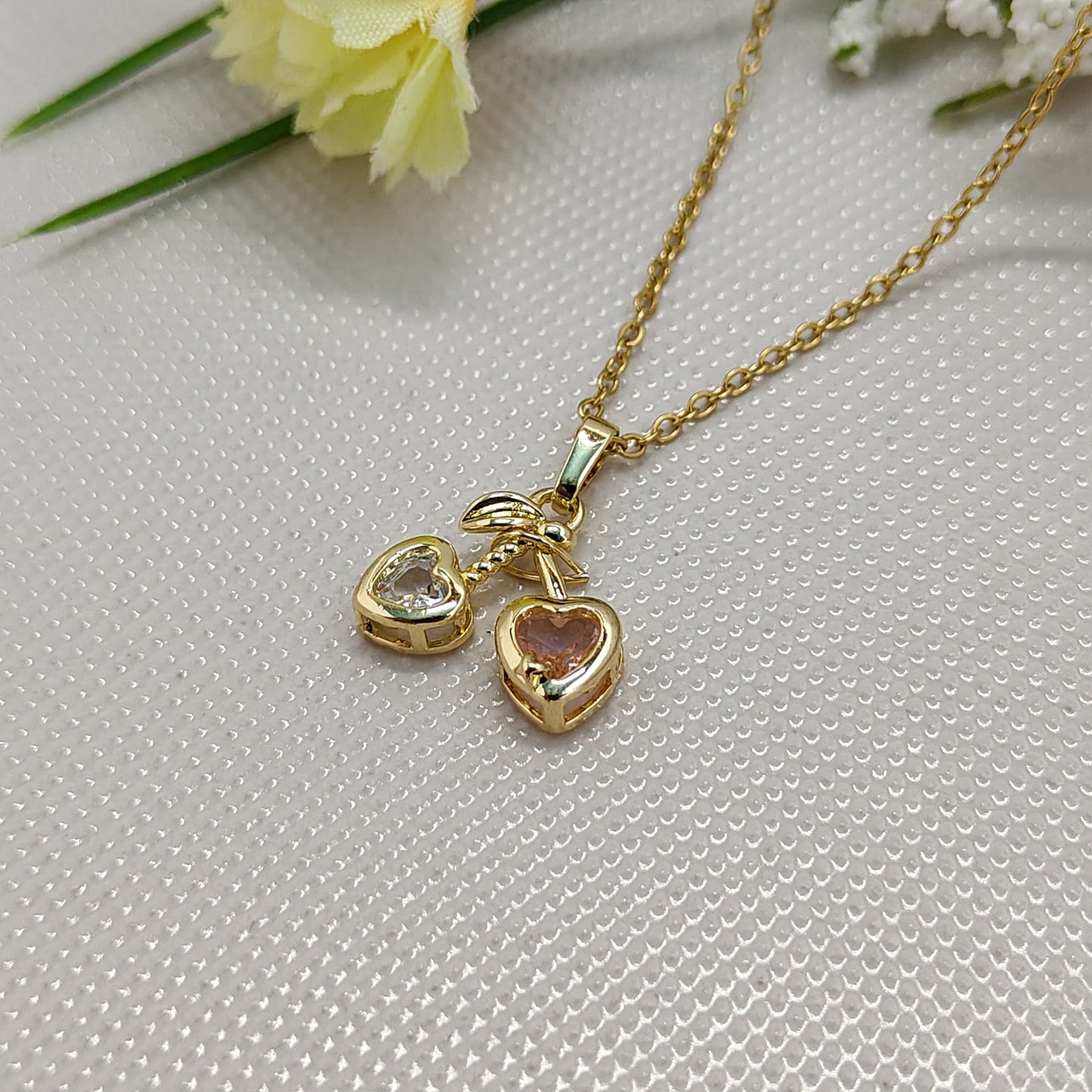 Dual Heart Pendant Necklace – Gold Plated with Stones