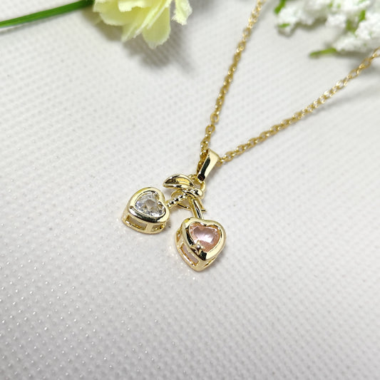 Dual Heart Pendant Necklace – Gold Plated with Stones