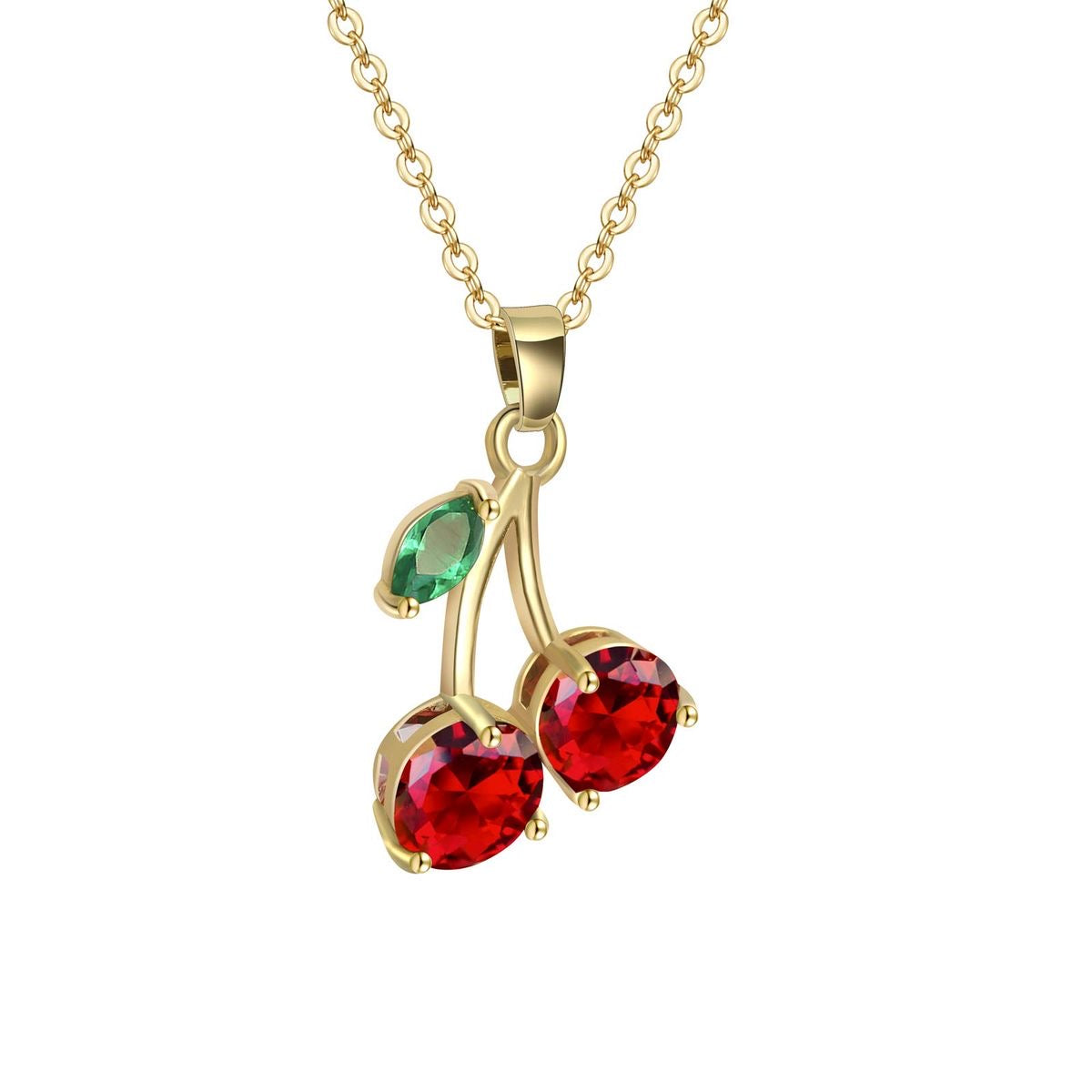 Cherry Pendant Necklace – Gold Plated with Red & Green Stones