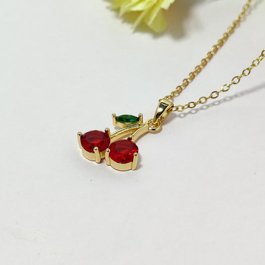 Cherry Pendant Necklace – Gold Plated with Red & Green Stones