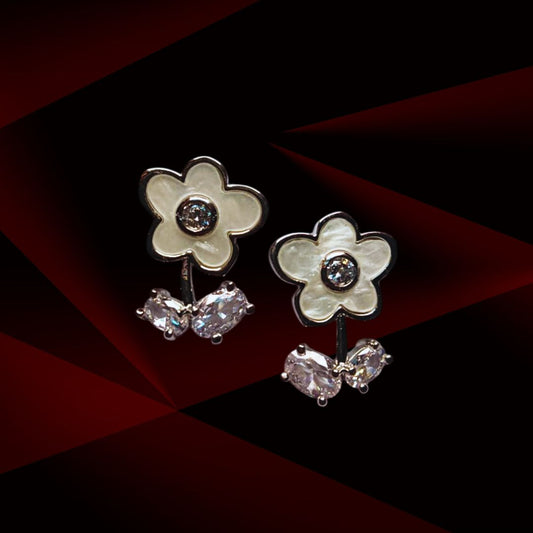 White Flower Stud Earrings with Crystal Drops – Delicate Floral Design for Women & Girls