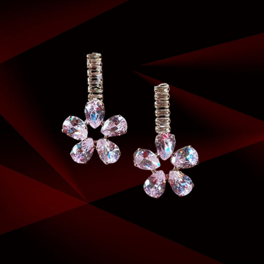 Dazzling Pink Floral Crystal Drop Earrings – Elegant Statement Jewelry for Women & Girls