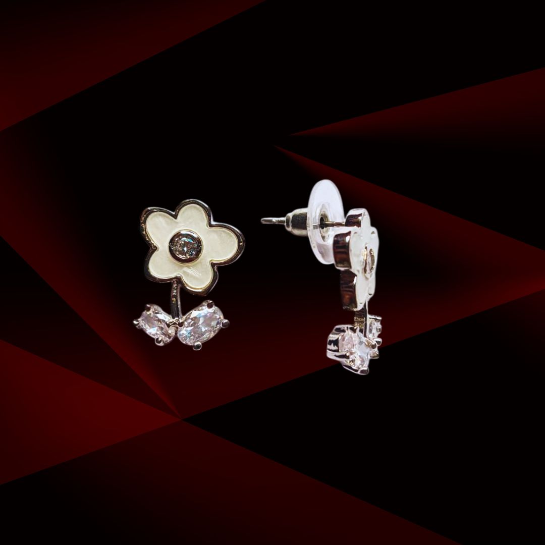 White Flower Stud Earrings with Crystal Drops – Delicate Floral Design for Women & Girls