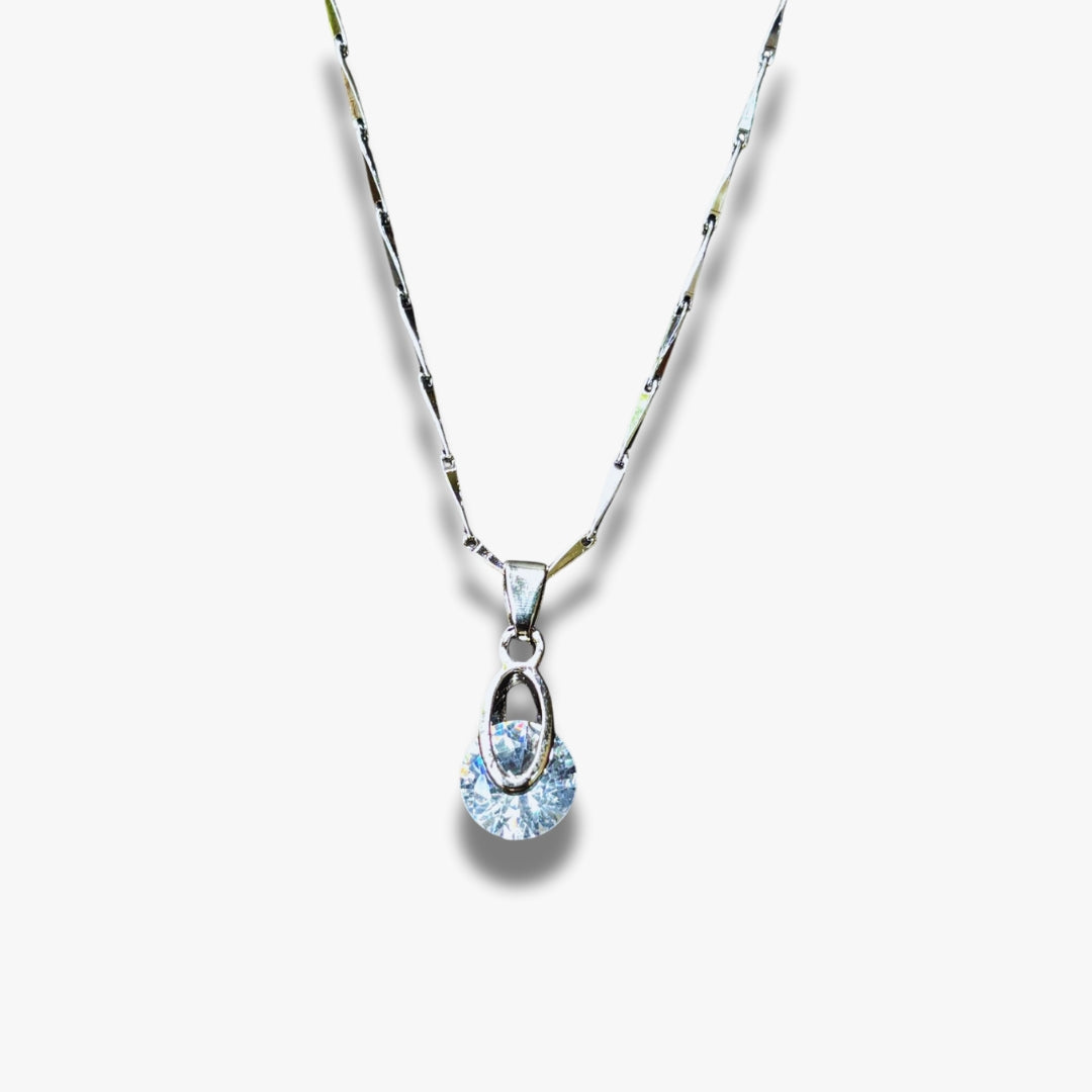 Silver Crystal Pendant Necklace – Minimalist Chain with Round Zircon Drop