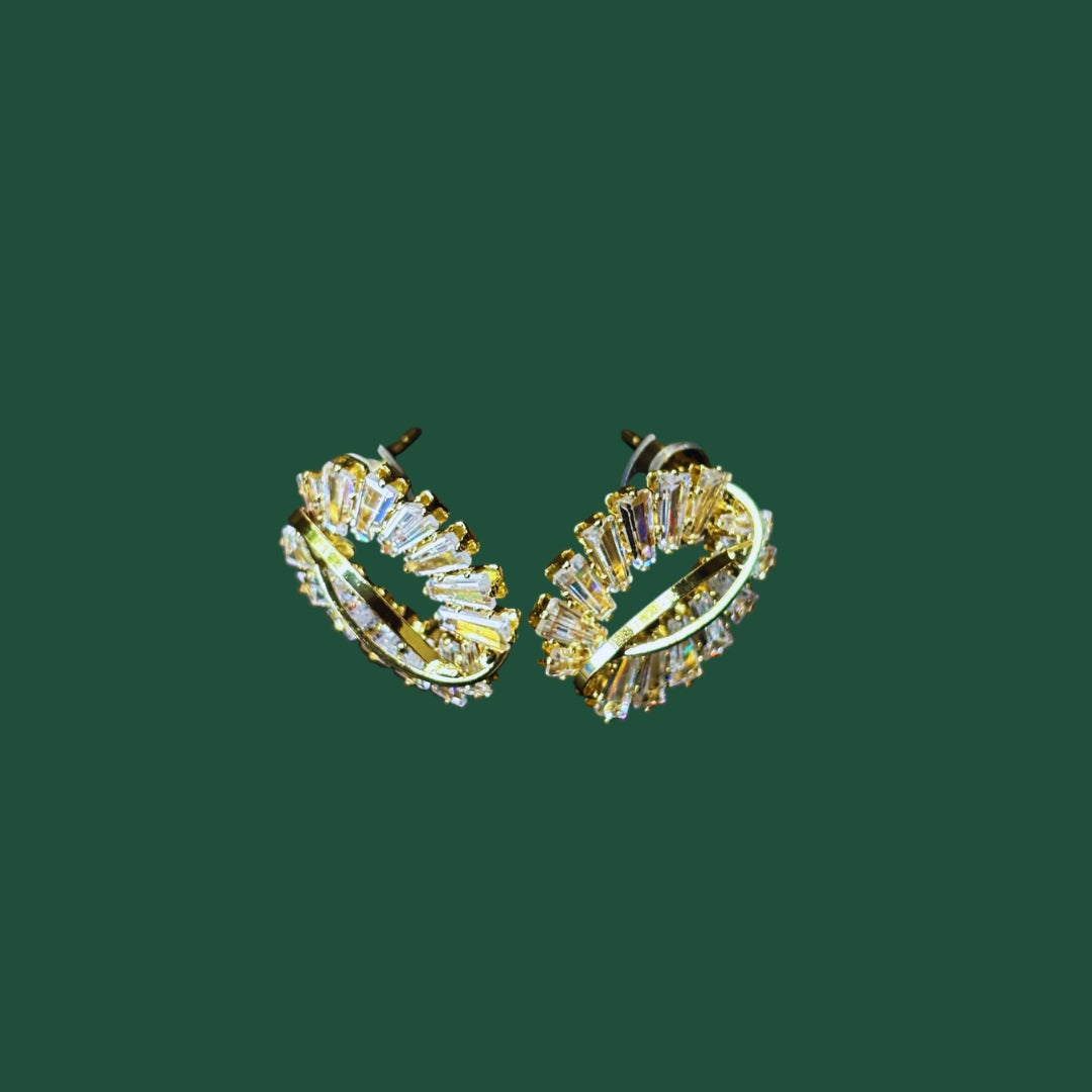 Gold-Plated Stud Hoop Earrings with Baguette-Cut Crystals – Sparkling Party Wear Jewelry for Women