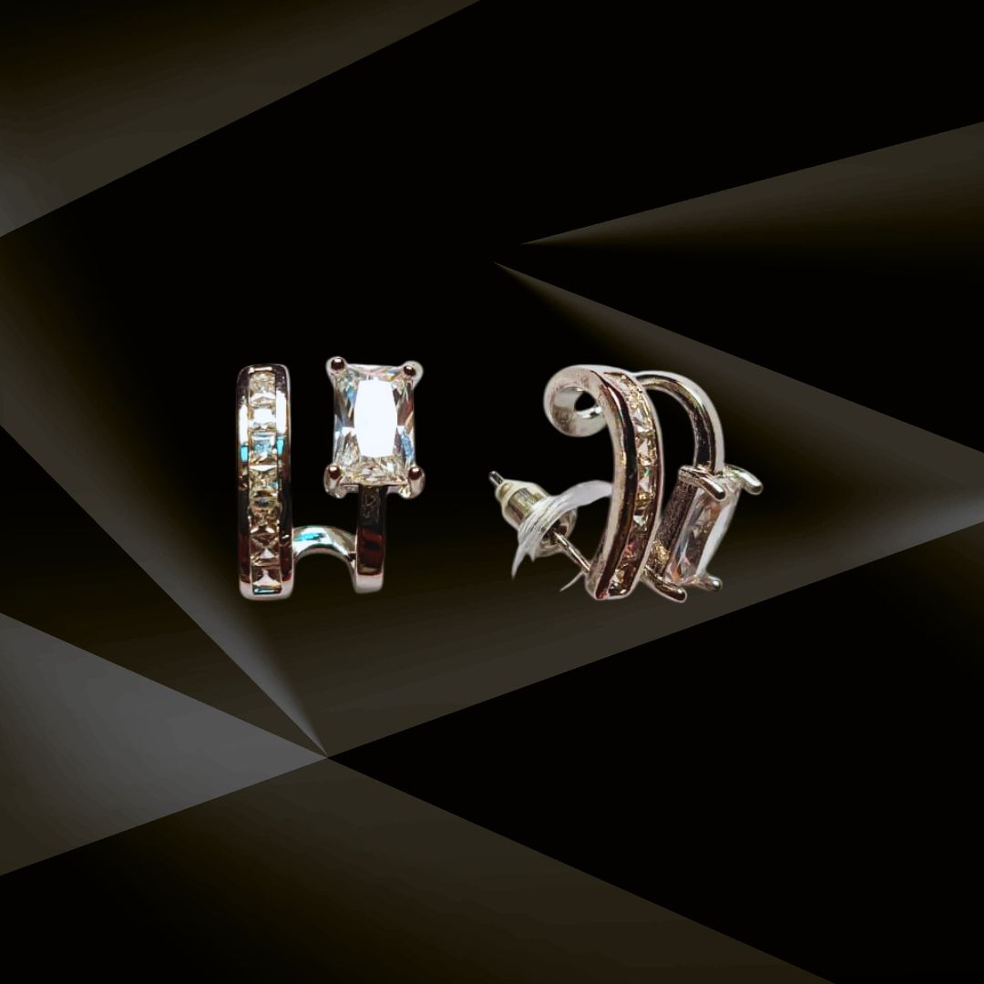 Chic Triple-Tone Cuff Stud Earrings with Princess-Cut Stone – Available in Gold, Rose Gold & Silver