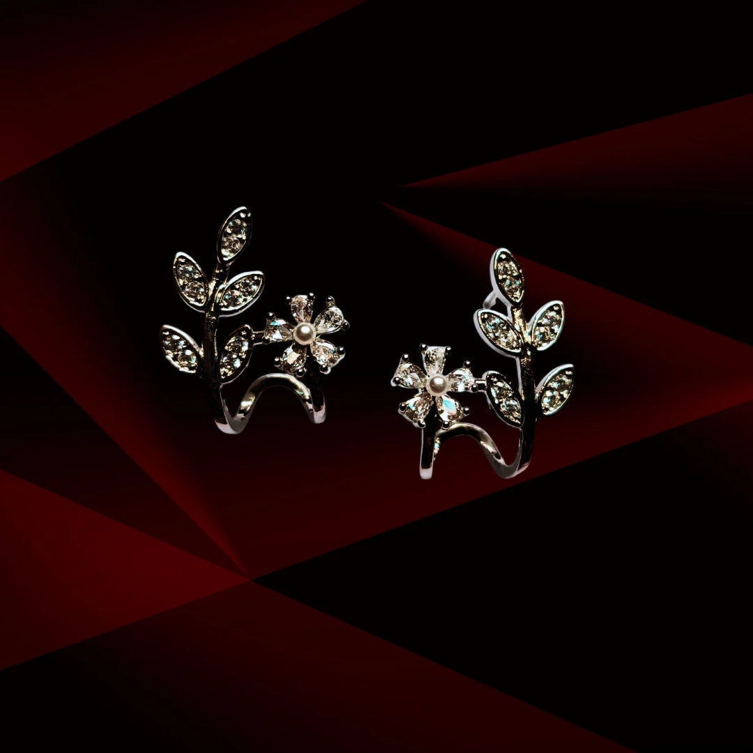 Floral Vine Design Silver-Plated Stud Earrings | Sparkling Crystal Leaf & Flower Accents