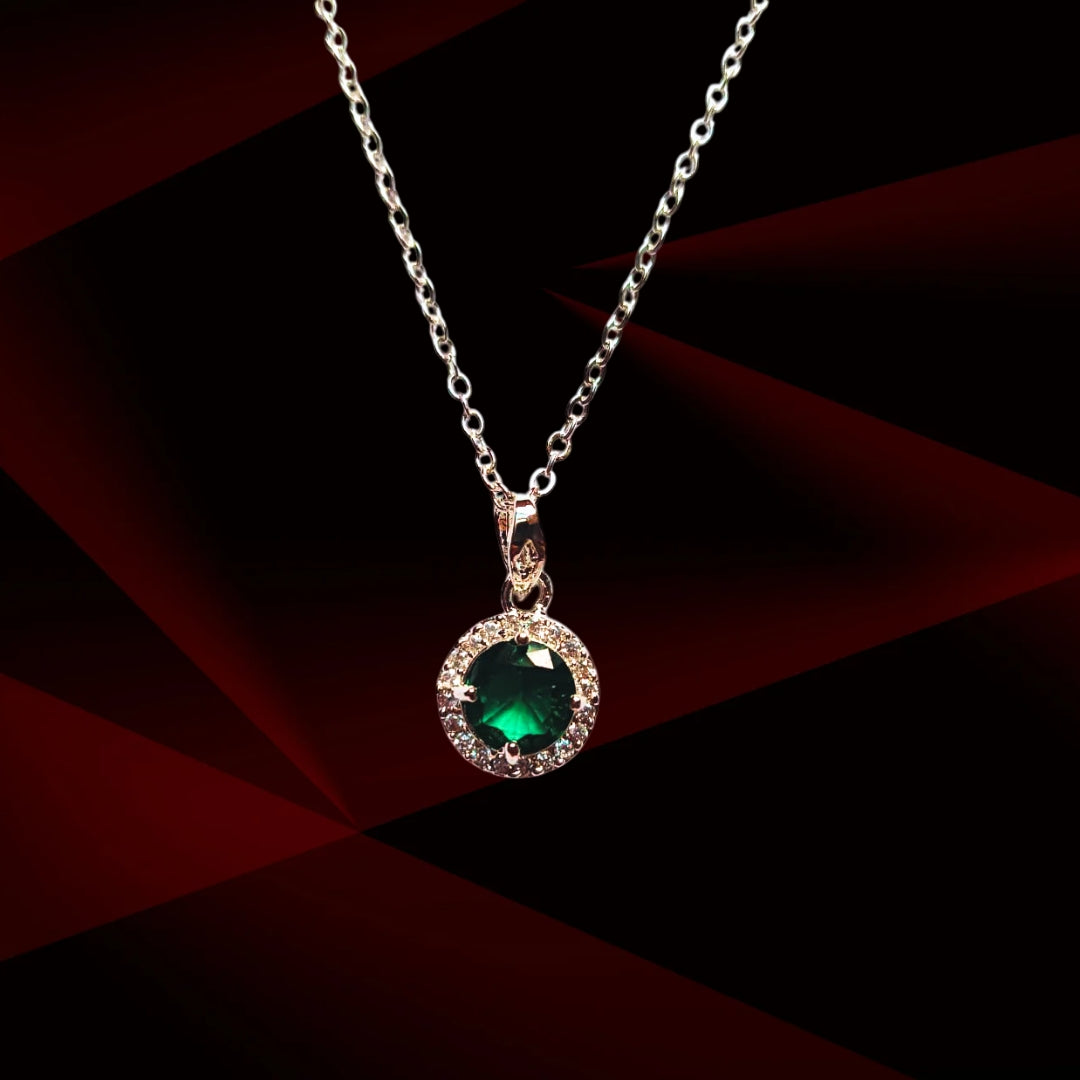 Silver Chain Pendant Necklace for Women | Crystal Halo Design | Available in Light Green, Green, Pitch Red & Blue Stones