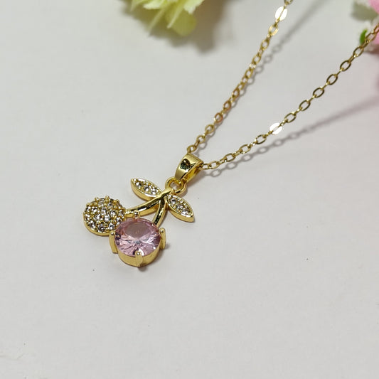 Gold Plated Pink Stone & Crystal Pendant Necklace