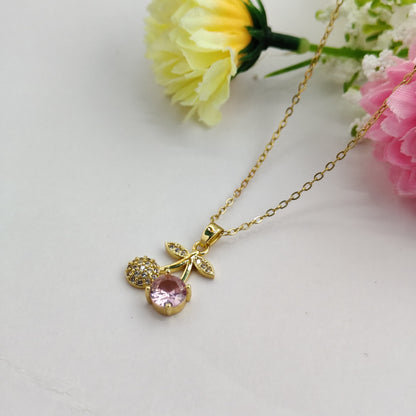 Gold Plated Pink Stone & Crystal Pendant Necklace