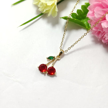 Cherry Pendant Necklace – Gold Plated with Red & Green Stones