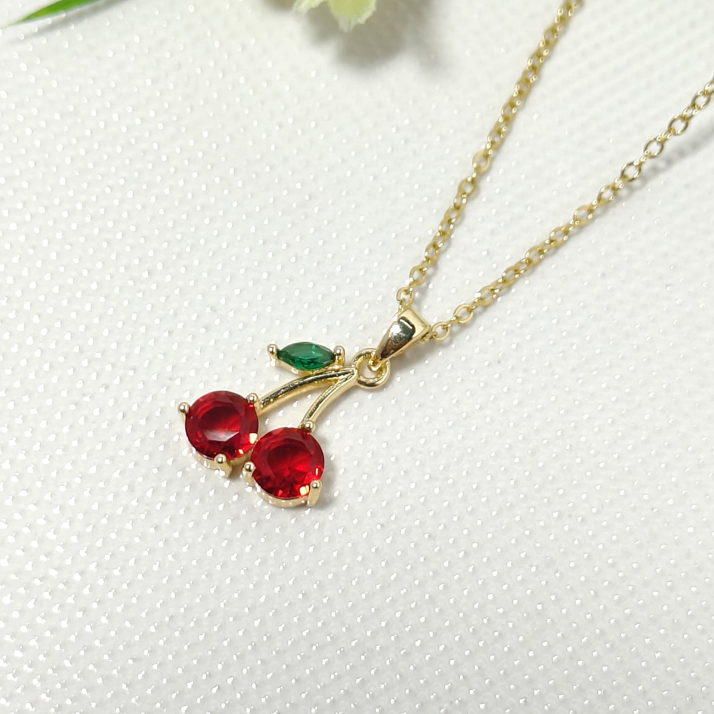 Cherry Pendant Necklace – Gold Plated with Red & Green Stones