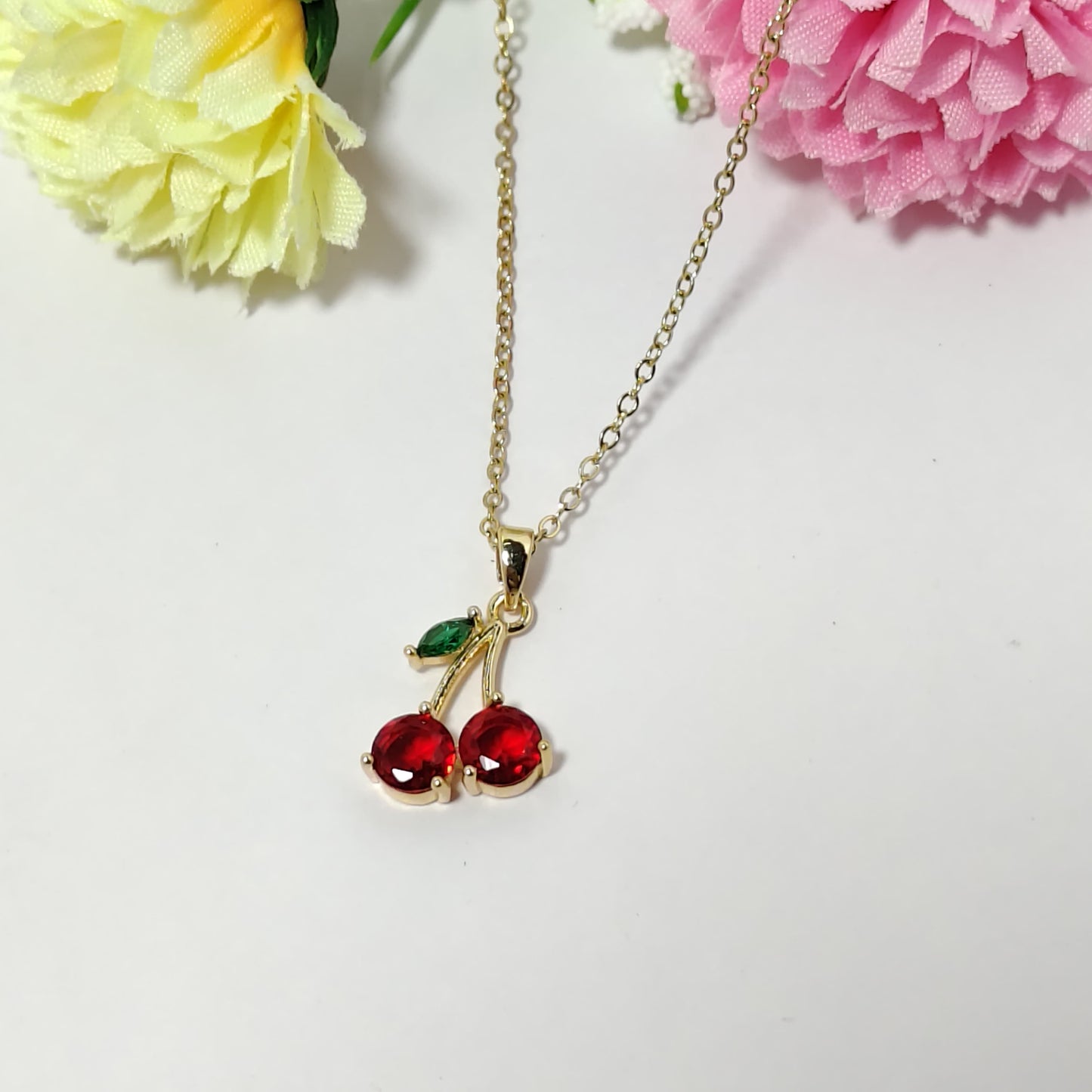 Cherry Pendant Necklace – Gold Plated with Red & Green Stones
