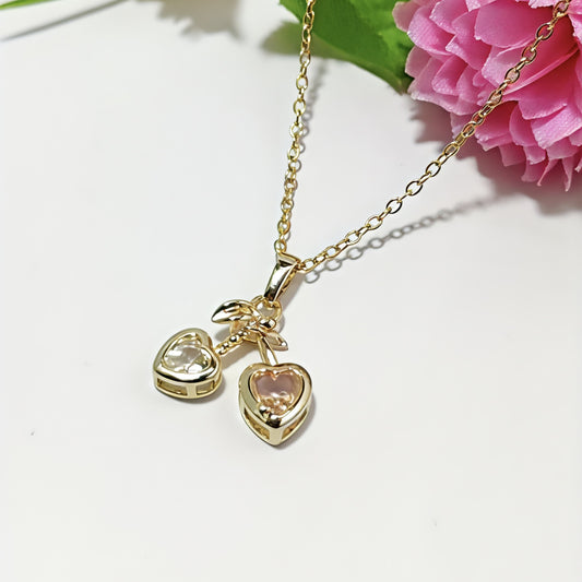 Dual Heart Pendant Necklace – Gold Plated with Stones