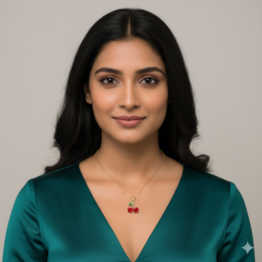 Cherry Pendant Necklace – Gold Plated with Red & Green Stones