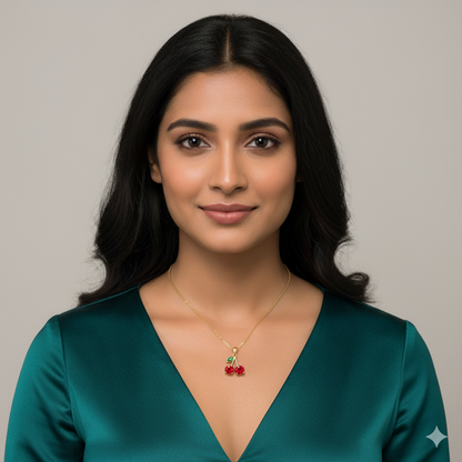 Cherry Pendant Necklace – Gold Plated with Red & Green Stones