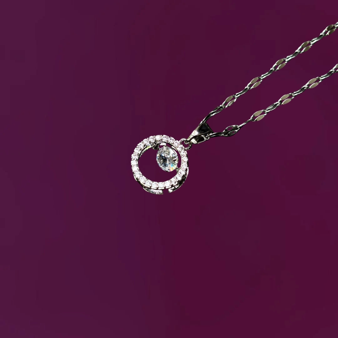 Dazzling Circle Pendant Necklace with Floating Stone – Silver Finish Chain for Women