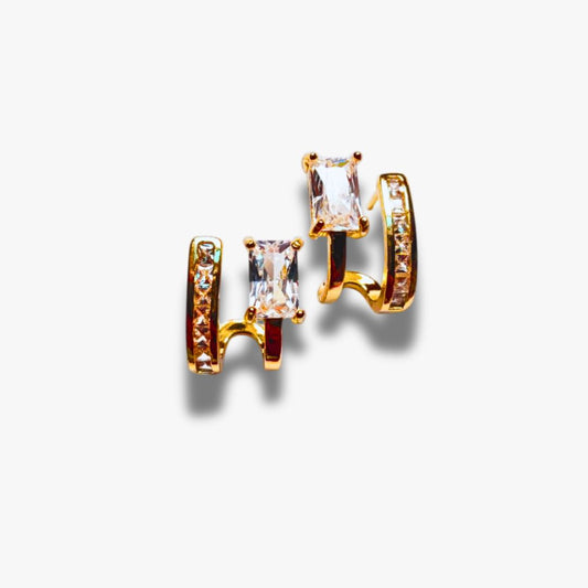 Chic Triple-Tone Cuff Stud Earrings with Princess-Cut Stone – Available in Gold, Rose Gold & Silver
