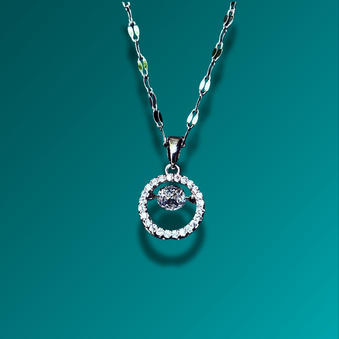 Dazzling Circle Pendant Necklace with Floating Stone – Silver Finish Chain for Women