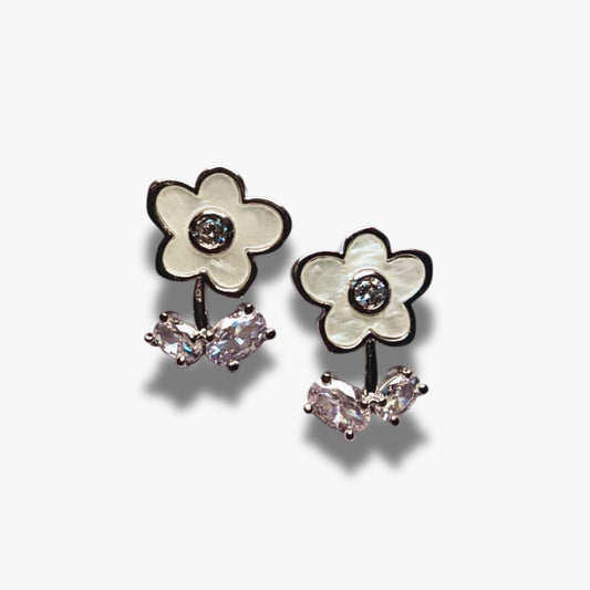 White Flower Stud Earrings with Crystal Drops – Delicate Floral Design for Women & Girls