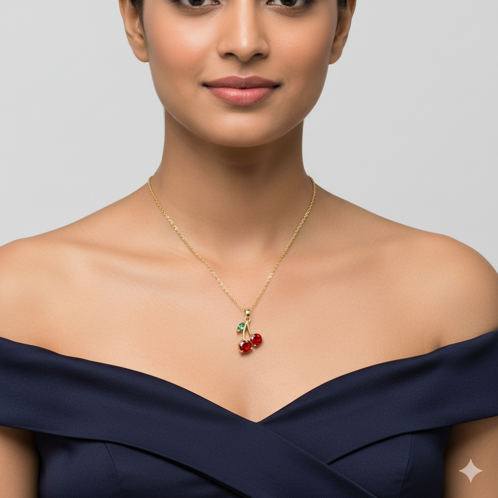 Cherry Pendant Necklace – Gold Plated with Red & Green Stones